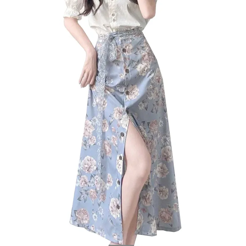 

Fashion Floral Print Long Skirt For Women High Waist Summer Slit Skirt Women Elegant Caual Front Button Faldas Mujer Saias Jupe