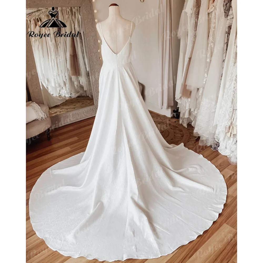 2023 szata Mariee Floral Satin V Neck prosta suknia ślubna suknie ślubne bez pleców paski Spaghetti szata mariage femme Roycebridal