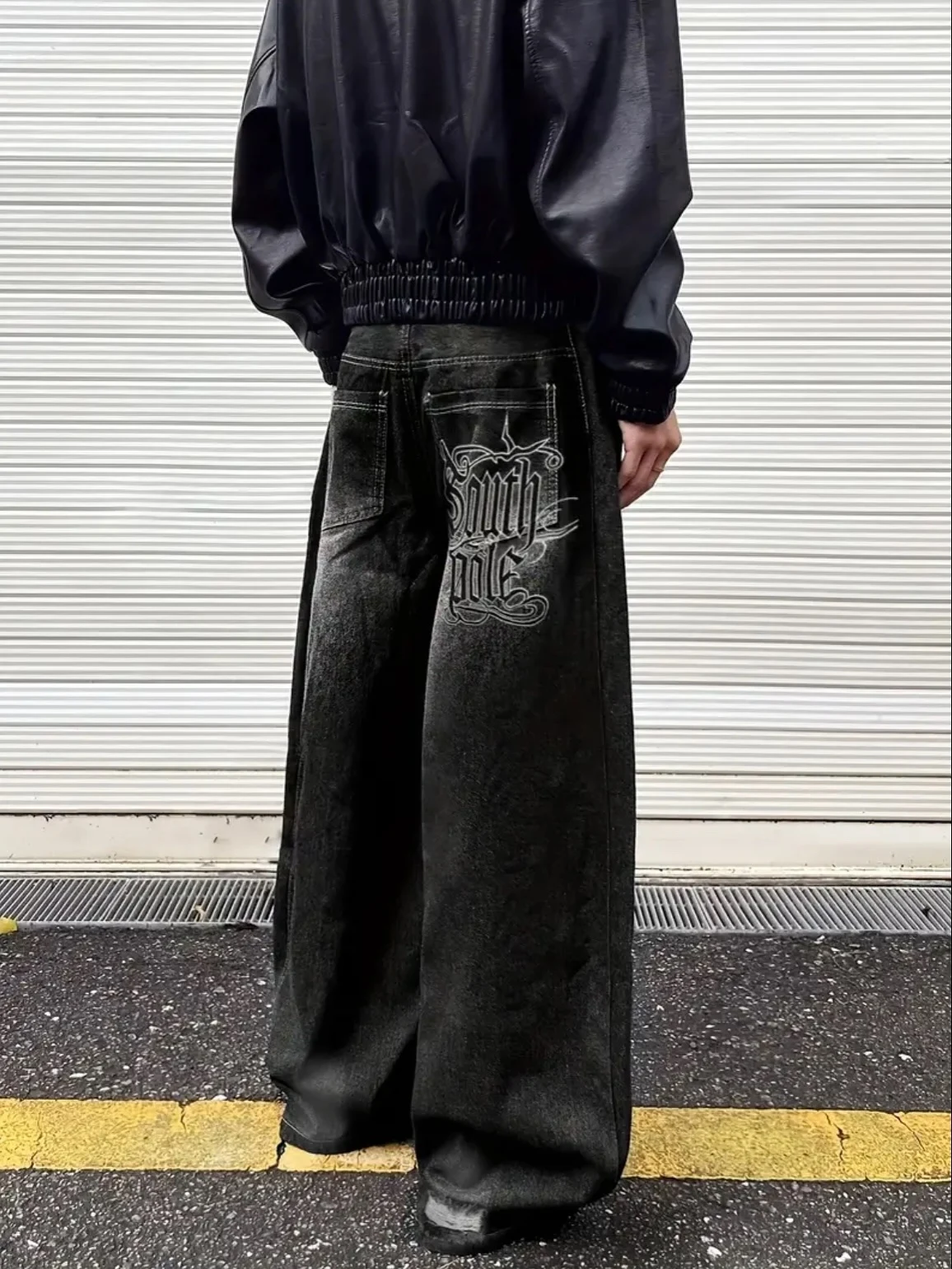 Y2K جينز فضفاض جمالي قوطي للرجال والنساء سروال دينم عتيق مطرز على القطب الجنوبي ، ملابس الشارع الشهير بنطال واسع الساق