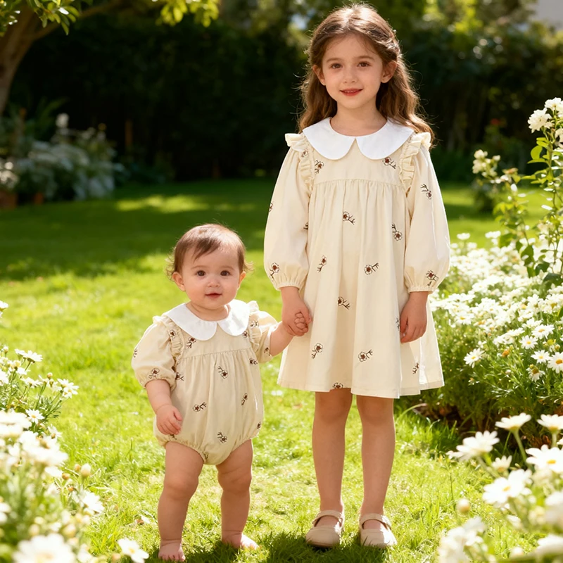 ملابس الخريف ملابس الأخت فتاة فستان الحفلات زهرة التطريز الدانتيل طوق الاطفال الأميرة الأسرة مطابقة فستان رومبير الطفل
