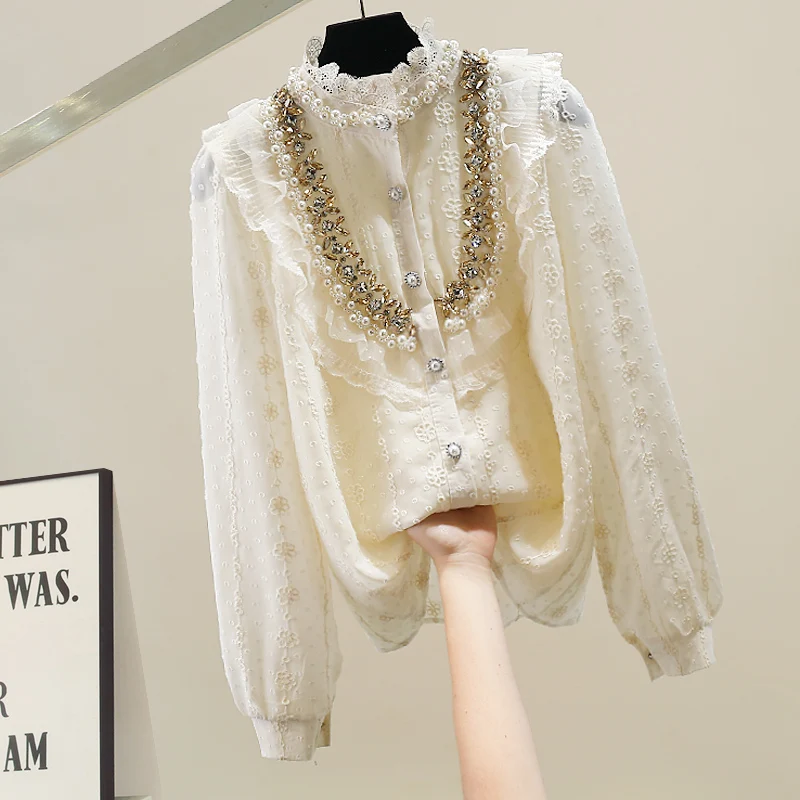 

Retro Heavyweight Faion Lace irt Women's Design Sensation Small Fraance Sle Hem Slimming Versatile Top