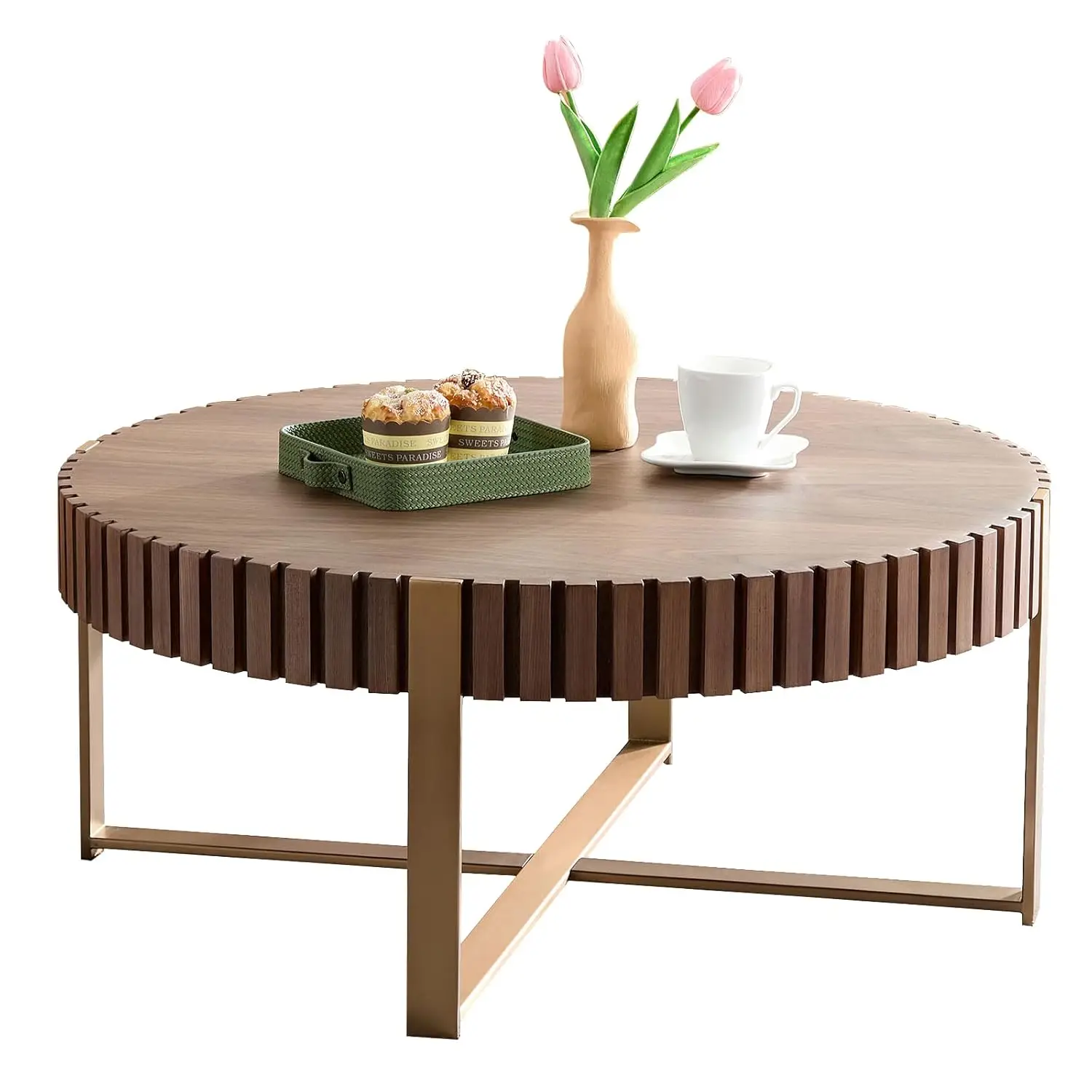 

31.5'' Round Coffee Table For Living Room, Solid Wood Handcraft Drum Coffee Table, Wooden Felief Coffee Table, Stainless Steel L