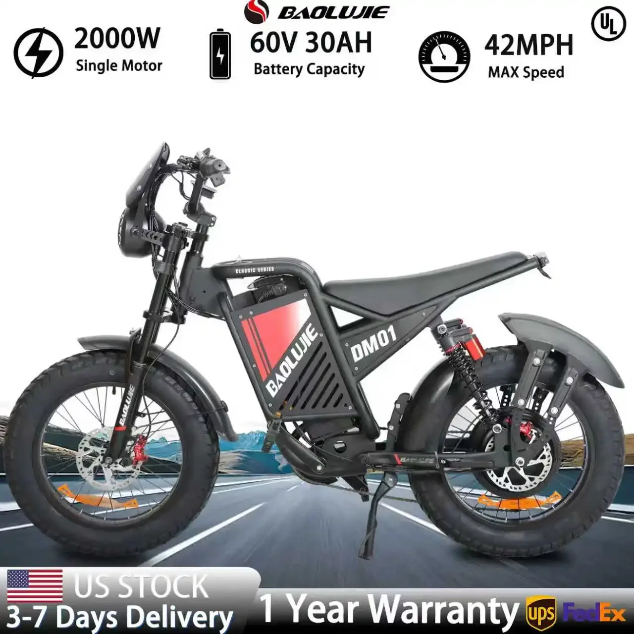 

BAOLUJIE DM01 electric bicycle Moto Electric Bike for Adults 2000W Motor Electric Bike 60V30AH Moto 42MPH EBike【1 Year Warranty】