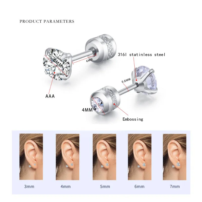 2pcs 20G Hypoallergenic Titanium Steel Stud Earrings for Men Women, Zircon Screw Back Earring Cartilage Tragus Ear Piercing Gift image 4