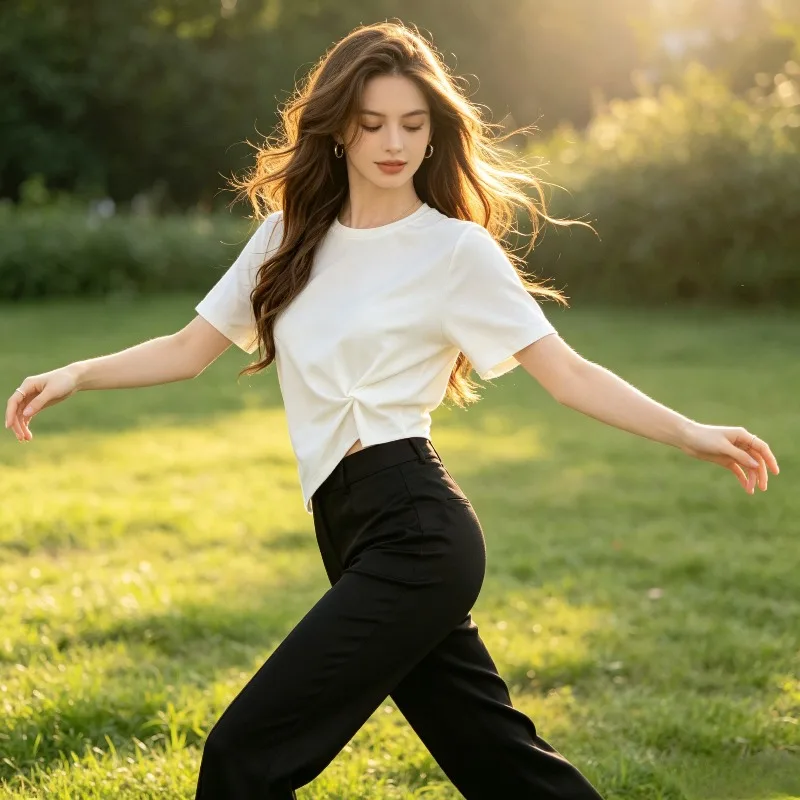 

New Irregular Short Sleeve Crop Dancewear Top,Women High Waist Short T-Shirt, Versatile Latin Dance Daily Training Stage Costume