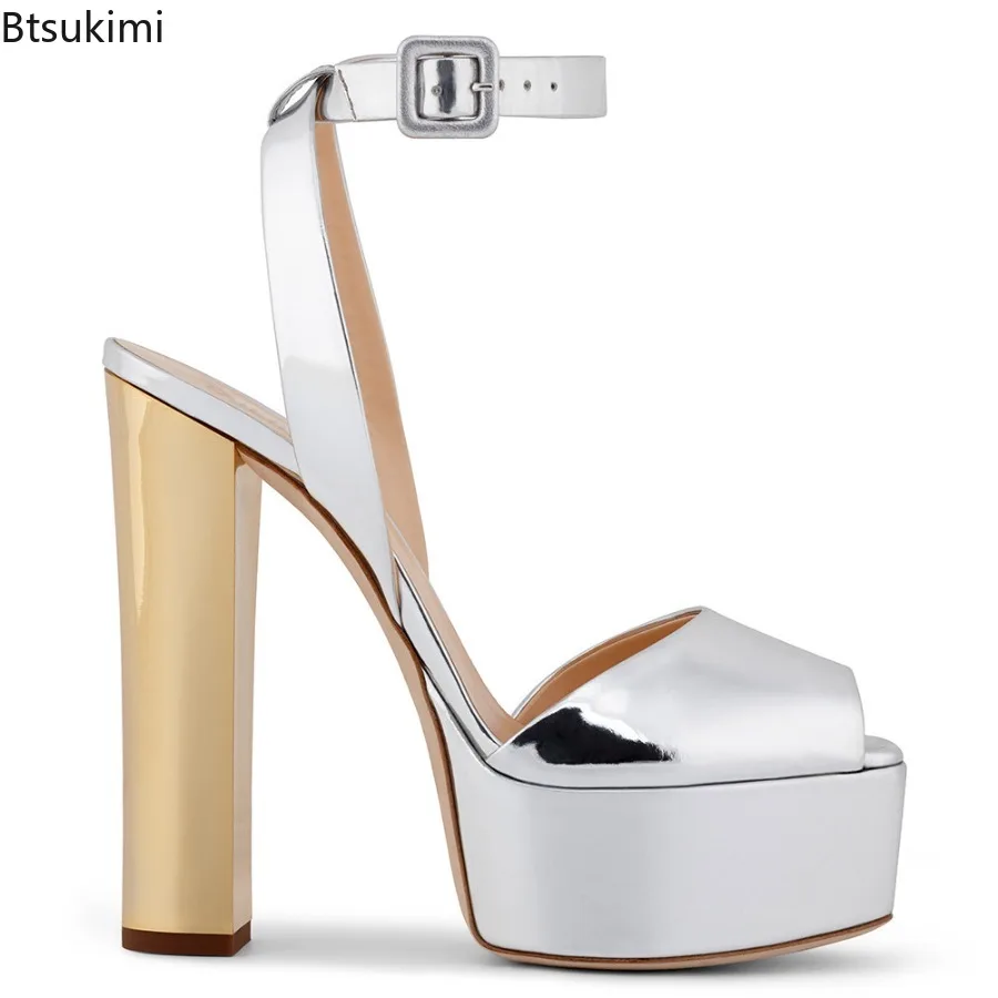 

New 2025 Summer Women's Sandals Bright Leather Peep Toe Super High Heel Platform Belt Buckle Word-cingulate Sandals 34-46 Size