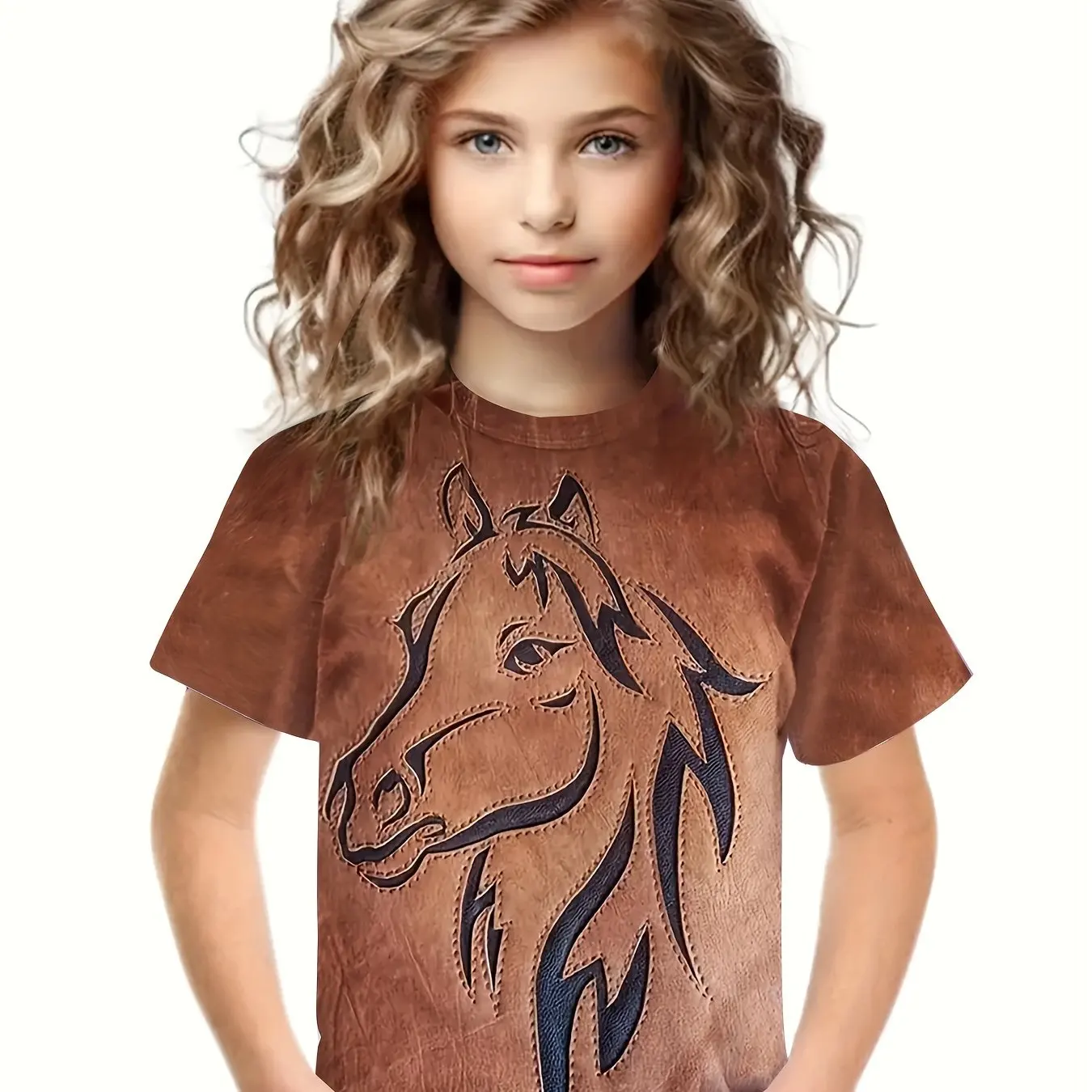 Meisjes Modieuze 3d Paard Grafisch T-Shirt Comfortabele Ronde Hals Kinderen Meisje Korte Mouw Tops Zomer Outdoor Kinderkleding