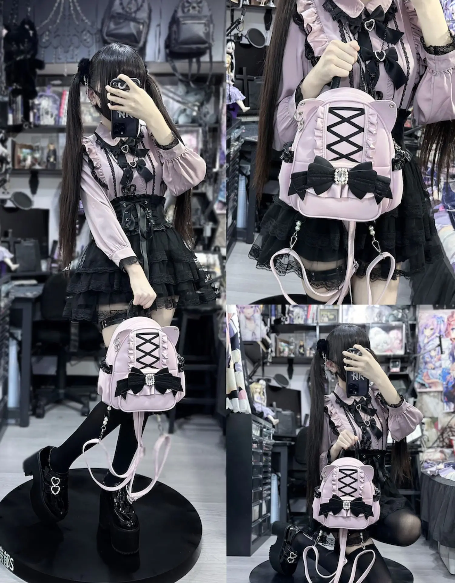 Japanische Subkultur Y2k Rucksack Weibliche Original Katze Ohren Süße Nette Lolita Bogen Strass Rüschen Rand Cross Strap Rucksack Mädchen