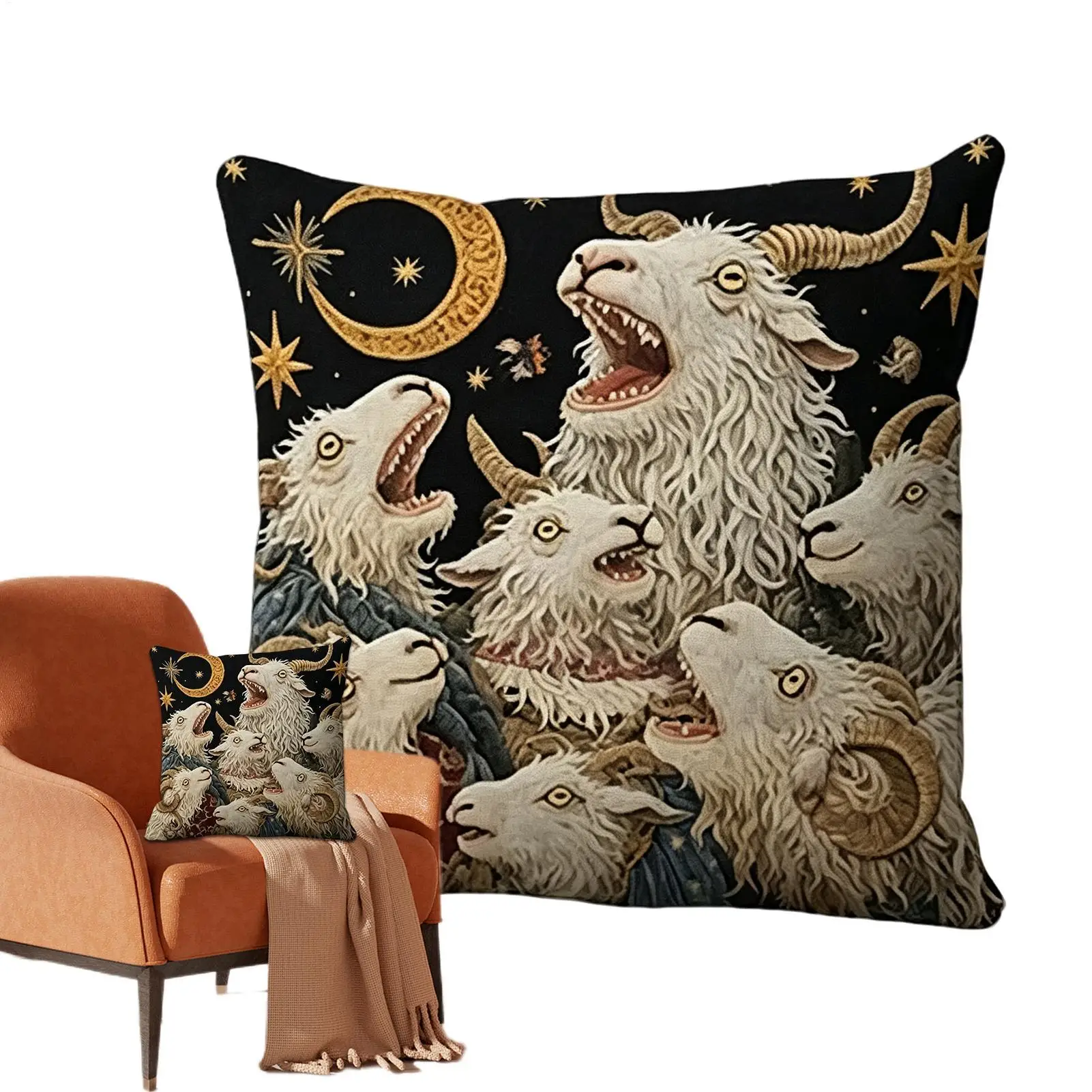 Screaming Goat Sheep Embroidered Style Printed Pillow Cover Short Plush Polyester Cushion Case Animal Pillowcase Home Decor