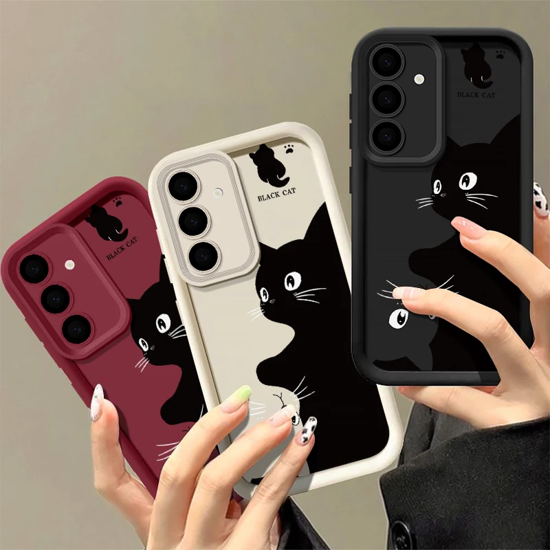 Full Screen Twin Black Cat Phone Case For Samsung S24 S23 S22 Ultra Plus S21 A55 A54 A53 A52 A25 A15 A14 5G Silicone Soft Cover