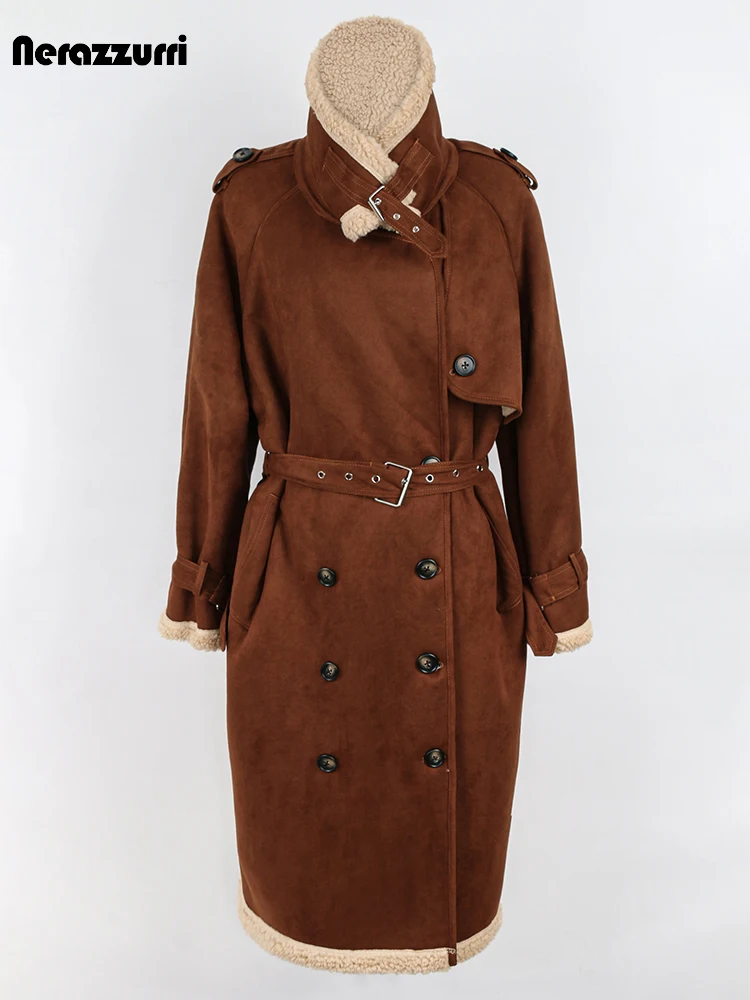 Nerazzurri-Manteau en peau de mouton en faux daim pour femme, manteau en peau de mouton d'agneau, long, marron, épais, chaud, frais, hiver, 2022