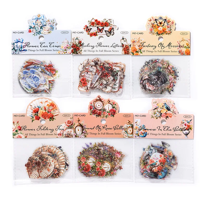 30Pcs Vintage Flower Tea Set Fan Decorative Sticker Pack Collage Scrapbooking Label Diy Diary Album Journal Planner