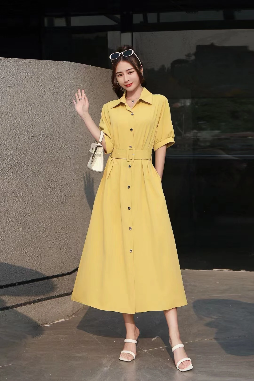 Summer Women Turn-down Collar Short Sleeve Belt Slim Long Dress Korean Fashion Big Hem Solid Color Single-breasted Office Dress image 5