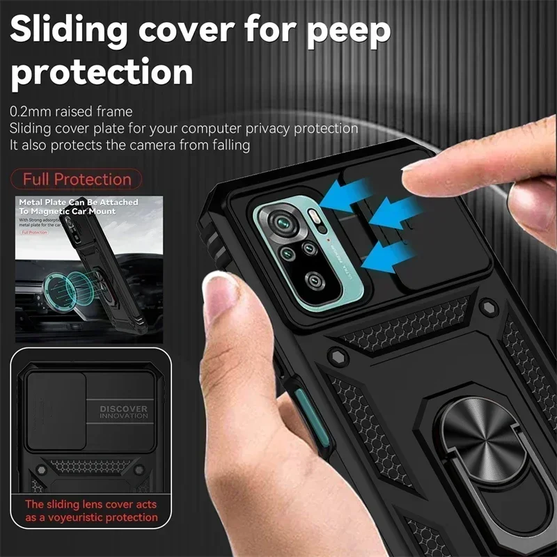 

For Redmi Note 10S Case Slide Lens Camera Armor Phone Case For Xiaomi Redmi Note 10 10 S Pro Max Magnetic Ring Holder Back Cover