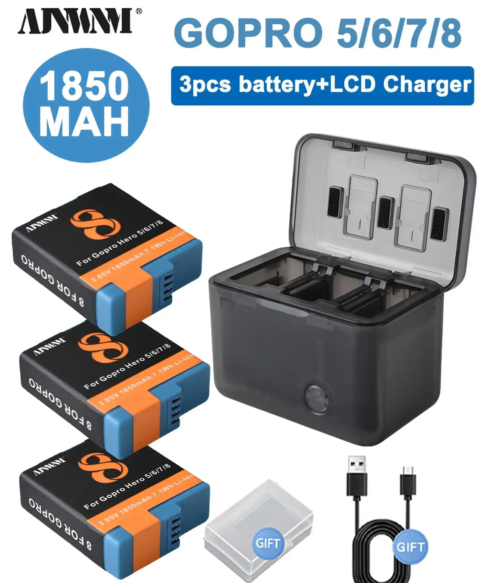 

AJNWNM Gopro Hero 8/7/6/5 Battery with LCD Display Multifuntional Smart Gopro Battery Charging Box/Case for Gopro Hero 8 7 6 5