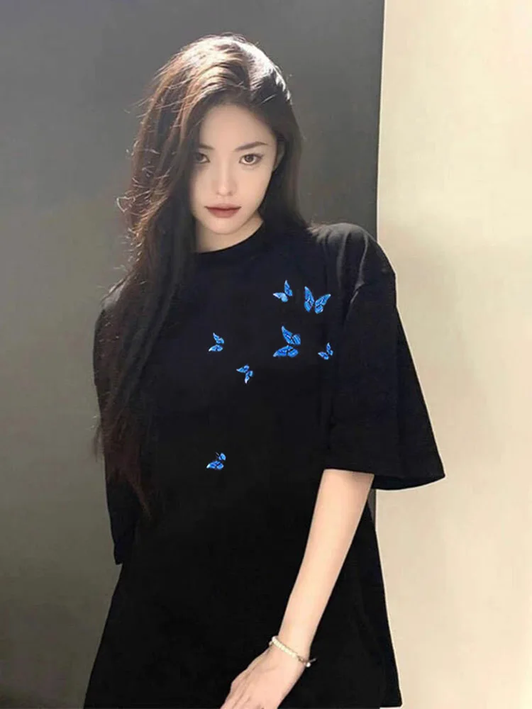 Stylish Butterfly Print Short-sleeve T-shirts Women's 2025 Summer New Fashion Loose Comfort T-shirt Women's Round Neck Nice Tops