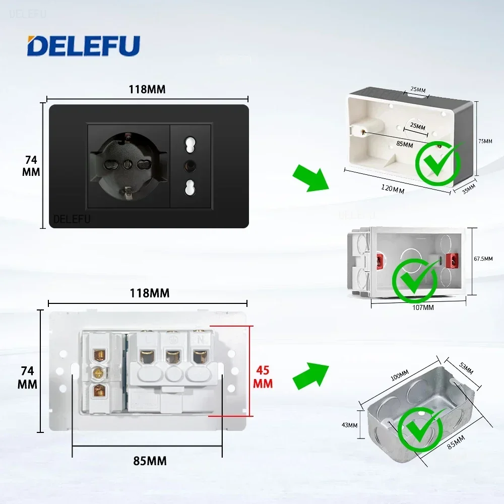 DELEFU Black Retardant PC Panel Italy Standard Type C EU Outlet Plug Wall Socket Light Switch Chile Satellite TV Tel CAT5 CAT6