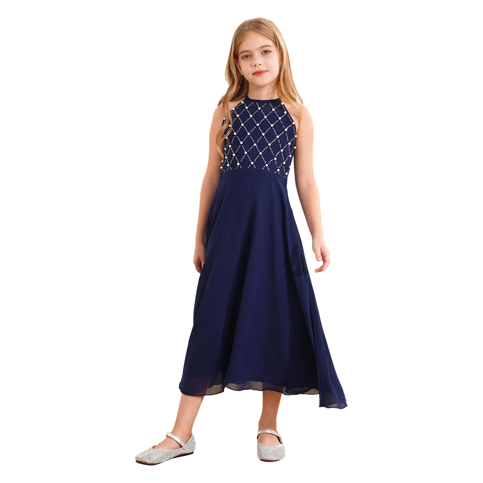 Robe de soirée en fibre de mousseline de soie pour enfants, licou, demoiselle d'honneur, soirée, anniversaire, robe de Rhprincesse élégante, vêtements de demoiselle d'honneur