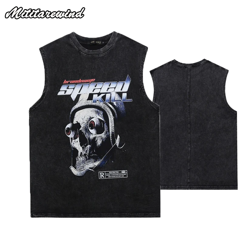 Men's Tank Tops Style Vintage Print Skull Dark Vibe Y2k High Street Sleeveless Hip Hop Streetwear Distrssed Retro Casual Loose