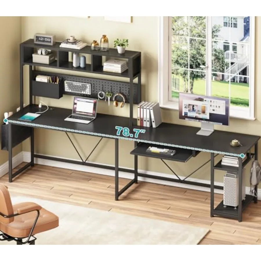 L Shaped Gaming Desk with Hutch for Home Office, Engineered Wood in Black, Reversible Corner Design with LED Lights, Power Outl