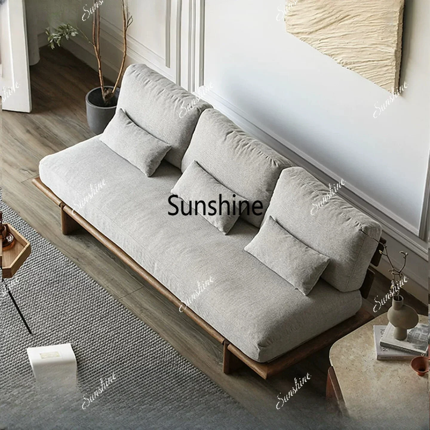 Modern simple small apartment living room double three people without armrests solid wood sofa