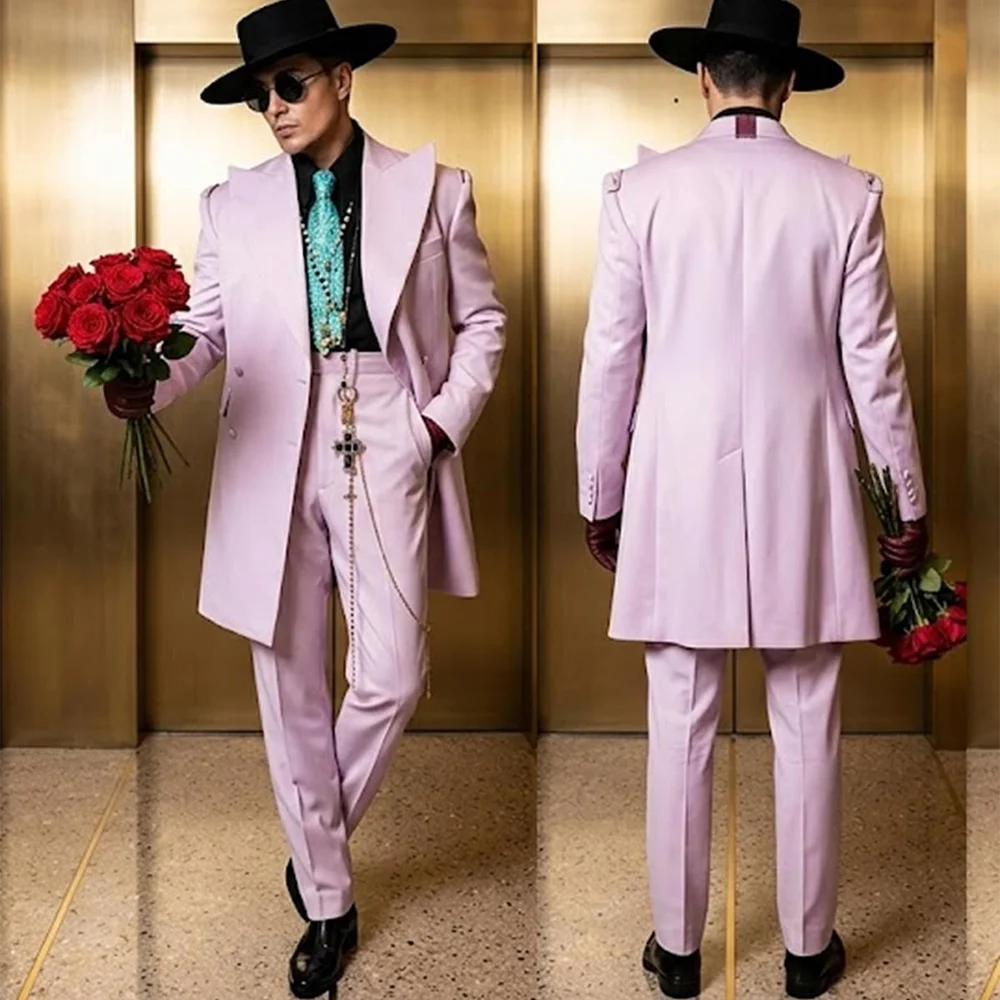 Elegant Gentleman Formal Men Suits Solid Color Slim Fit Peak Lapel Back Split Long Blazer Pants 2 Pieces Casual Wedding Set