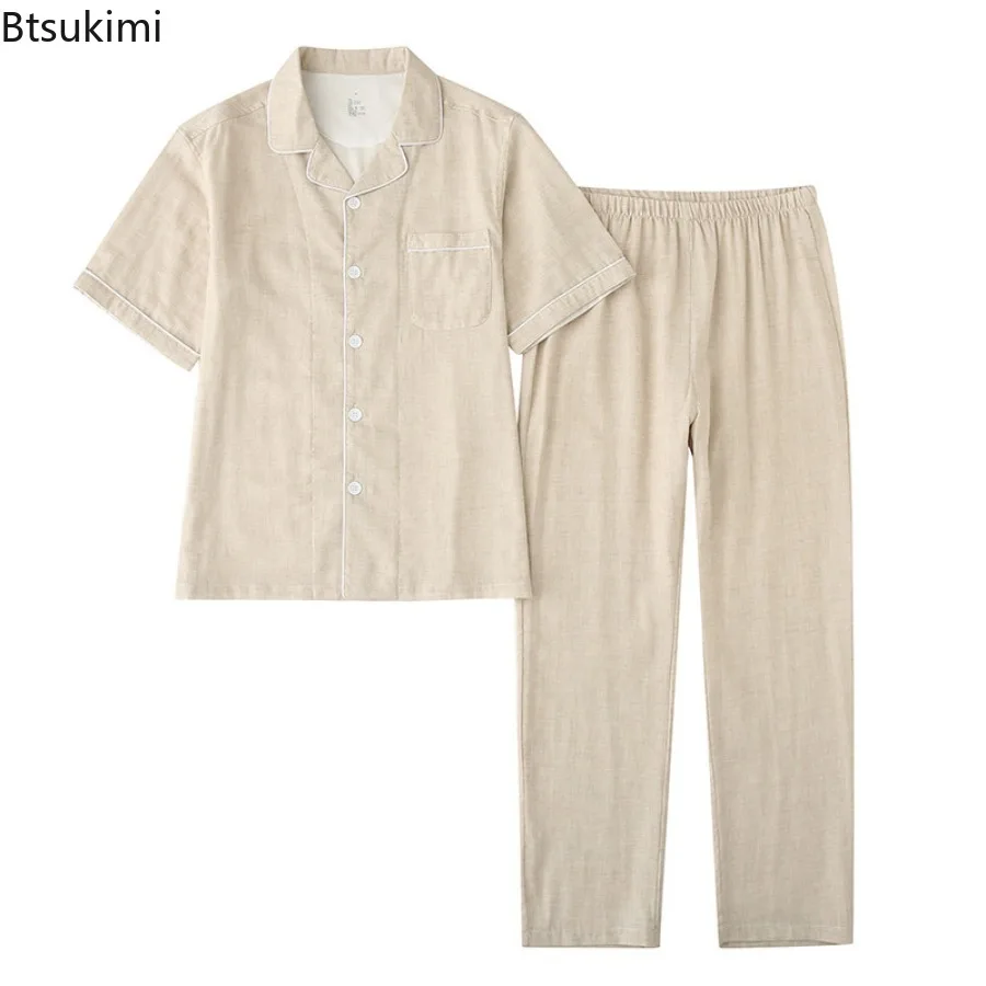 Ensemble de pyjamas d'été fins pour hommes, 100% coton, vêtements d'intérieur, manches courtes, deux pièces, respirant, doux, couple, salon, vêtements de nuit, document solide