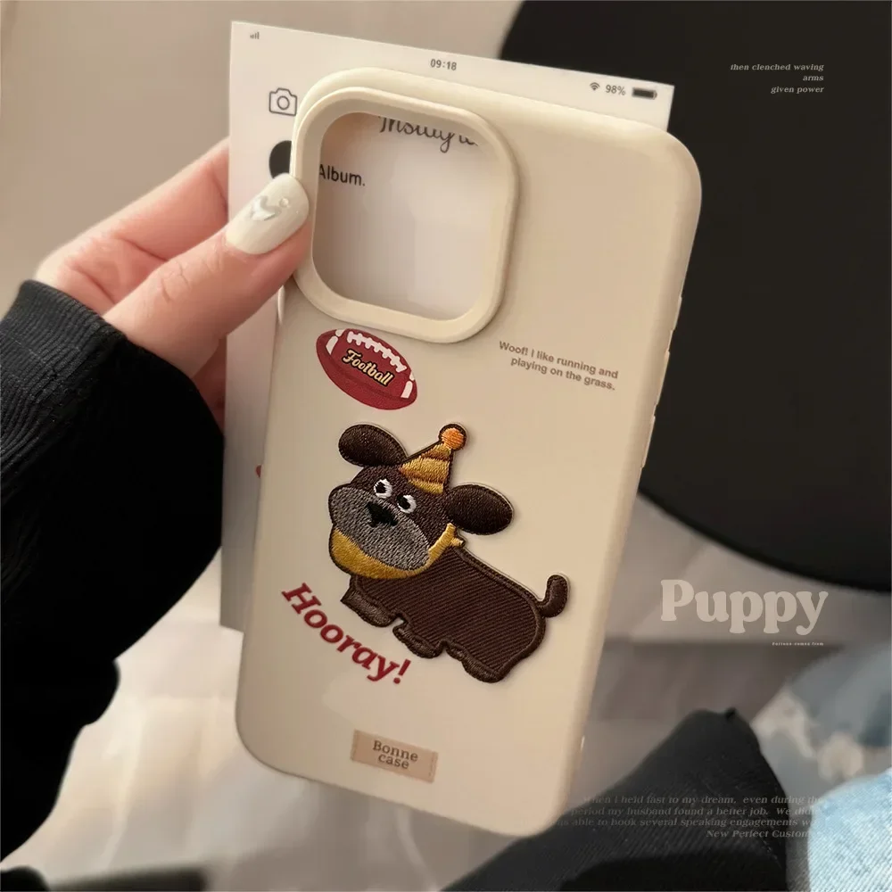 Rugby Dachshund Puppy Embroidery art Phone Case For iPhone 16 15 14 13 12 11 Pro Max Case Cute Cartoon luxury shockproof Cover