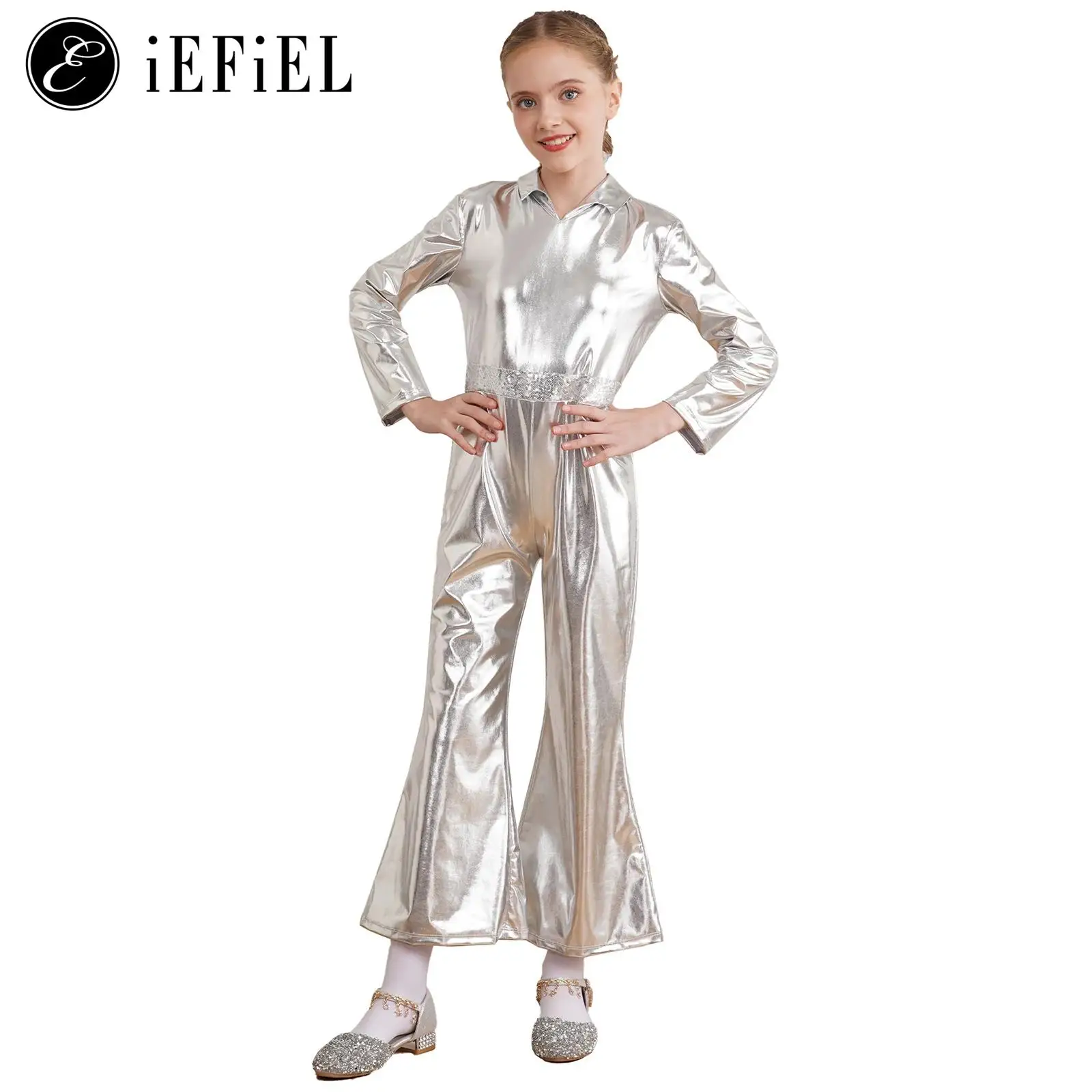 Kids Child 60s 70s Disco Fever Costume Shiny Metallic Long Sleeve Bell-Bottom Jumpsuit Halloween Party Dance Hippie Dress Up