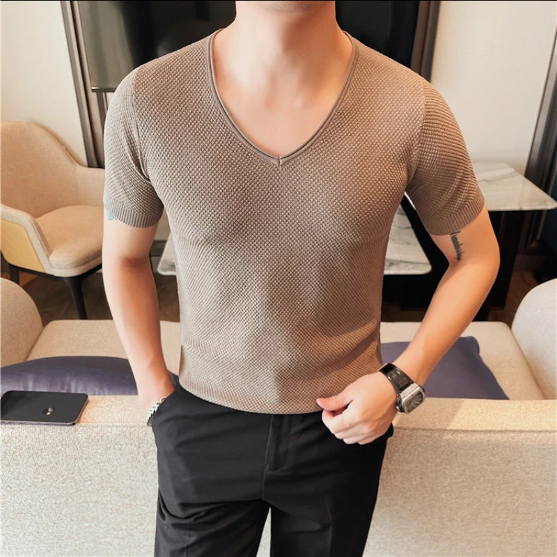 Summer V-neck Knitted T-shirt for Men Ice Silk Breathable Short Sleeved T-shirt Men\'s Slim Fit Casual Business Social Tee Tops