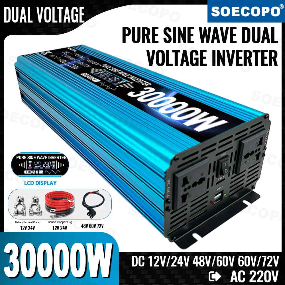 

SOECOPO 30000W Car Dual voltage Pure Sine Wave Inverter 12V/24V 48V/60V 60V/72V to AC 220V (2 Sockets) Voltage Converter Camping