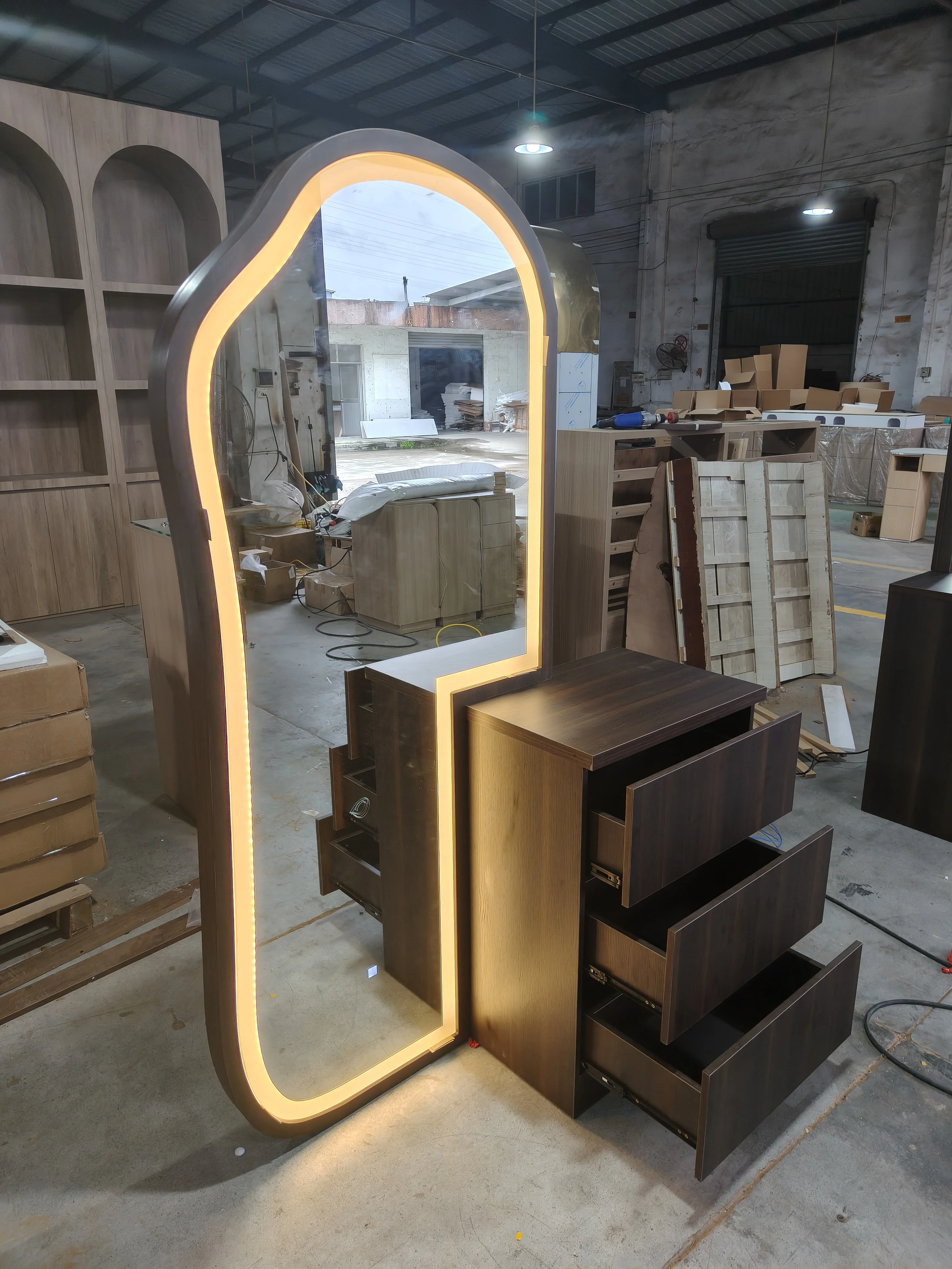Walnut barber mirror table with locker Nordic simple hair design table Modern salon furniture set