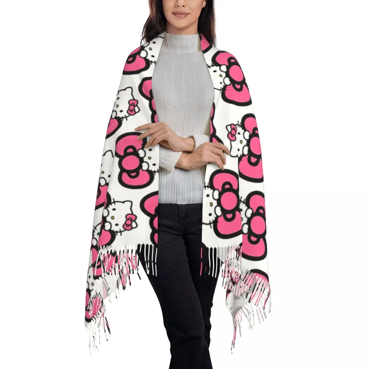 Cute Pink Tassels Shawl Scarves Sanrio Hello Kitty In Autumn Soft And Fashion Keep Warm For Women Openwork Birthday Gift Scarf