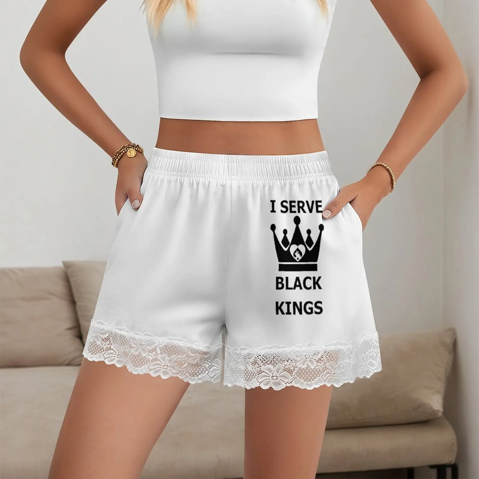 Women's lace trimmed sleep pants with printed elastic waistband and pocket sleeping shorts