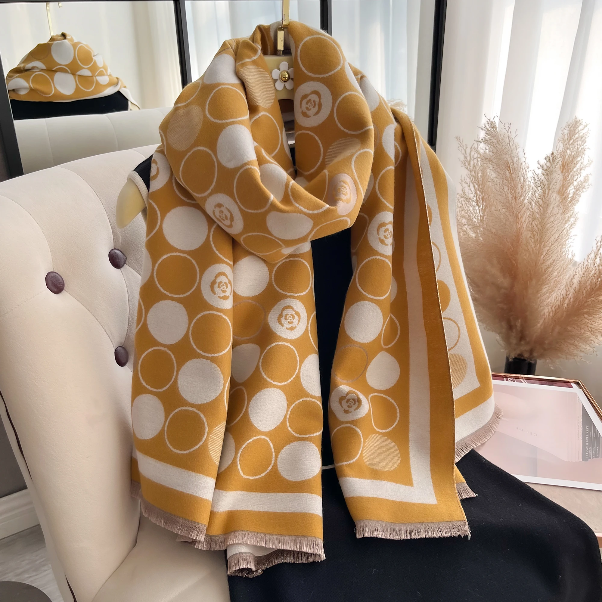 Double Sided Dot Printing Tassel Scarf Mature Imitation Cashmere Warm Shawl Autumn Winter Office Coldproof Windproof Wrapped Sca