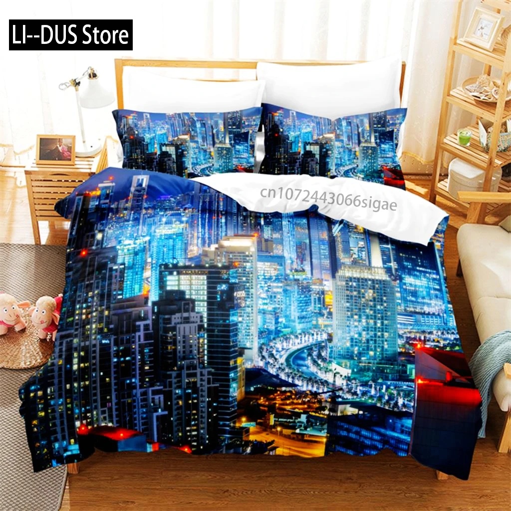 مدينة ليلة المشهد طقم سرير حاف مجموعة غطاء الفراش ثلاثية الأبعاد الطباعة الرقمية الملكة حجم طقم سرير تصميم الأزياء