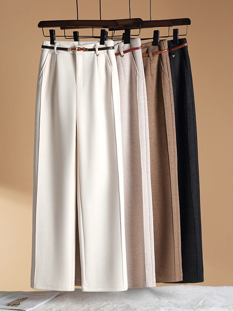 

Женские брюки с высокой талией, широкими штанинами и драпировкой из шерстяной ткани, осенне-зимняя новинка, повседневные прямые брюки из смесовой шерсти с ацетатом