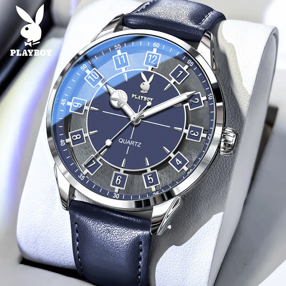 

PLAYBOY 3137 Brand Quartz Movement Watch For Men Dual Vision HD Luminous Function 30m Waterproof Leather Strap Watch