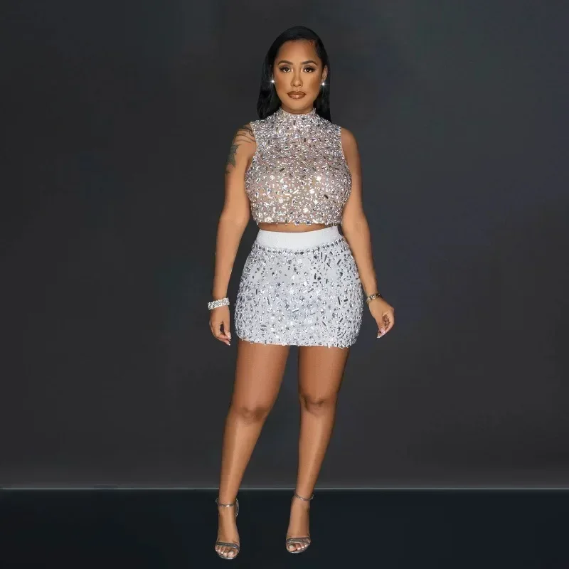 

GUWU Sparkle Rhinestones Mesh See Though Женские комплекты футболок и мини-юбки Сексуальная вечеринка в ночном клубе Два комплекта одежды из двух предметов