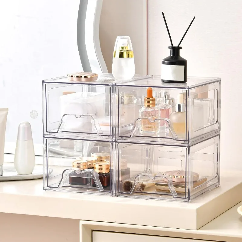 6 Pack Stackable Makeup Organizer, 4.4'' Tall Acrylic Bathroom Makeup Organizer and Storage Drawer with Pull-out Handle, Clear