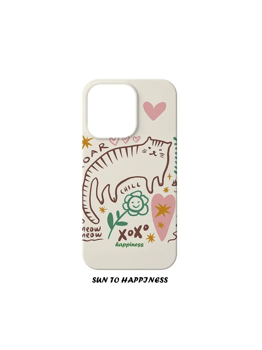 Funda de teléfono coreana Ins línea marrón gato corazones rosas estrellas amarillas flor verde para iPhone 16 15 14 13 Pro Max 12 11 fondo de contraportada