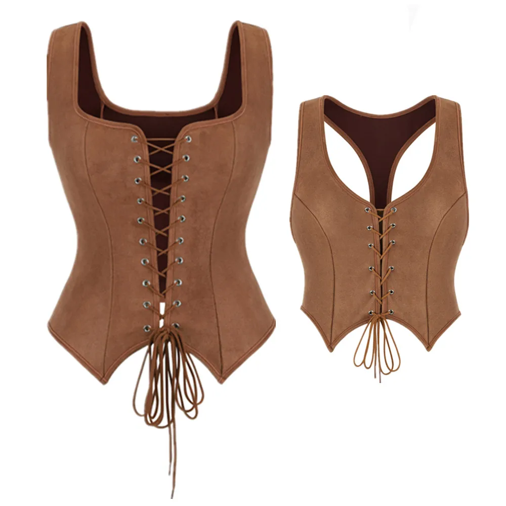 WSHKING Medieval Women Vintage Suede Corset Top Victorian Pirate Lady Waistcoat Renaissance Cosplay Halloween Costume