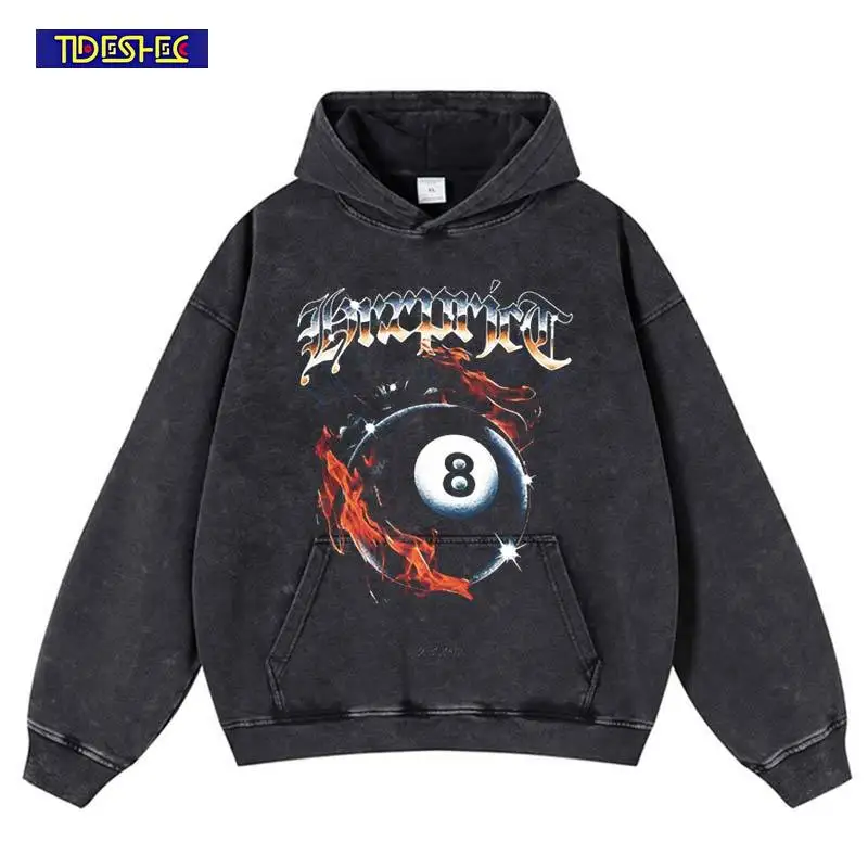 

2025 винтажная толстовка с принтом в стиле хип-хоп и боулингом, уличная одежда в стиле Харадзюку, стираная эластичная толстовка, свободный пуловер, трендовый оверсайз с капюшоном