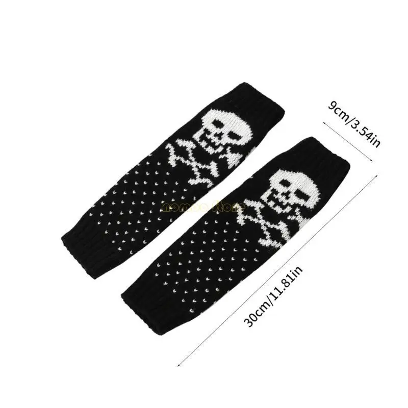 31BF Knit Skull Pattern Gloves Winter Half Finger Mitten Thicken ให้ถุงมือข้อมือยาวยาวสำหรับแฟนสาว