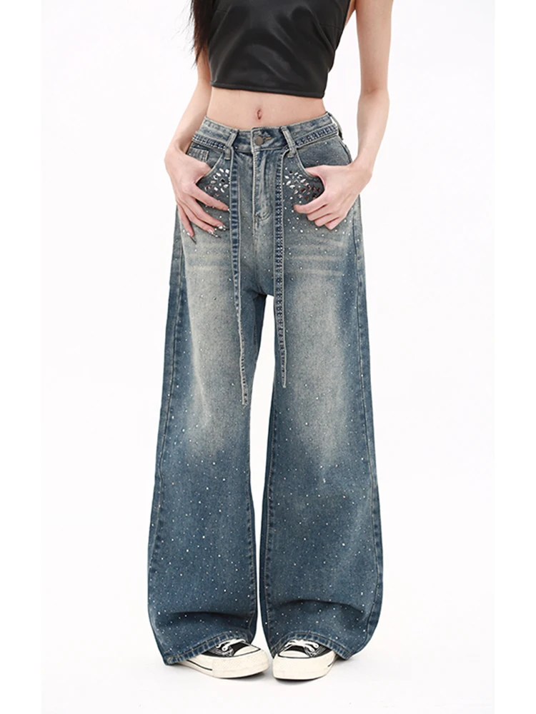 Jean Vintage dégradé diamants Y2k pour femmes, taille haute, Baggy, pantalon en Denim Harajuku, Grunge, Streetwear, pantalon rétro américain