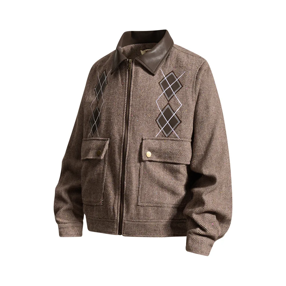 MWJLPWQ Men's Textured Knit Collar Jacket Lapel Long Sleeve Stylish Spliced Loose-Fit Casual Design Tops For Autumn Winter 21266