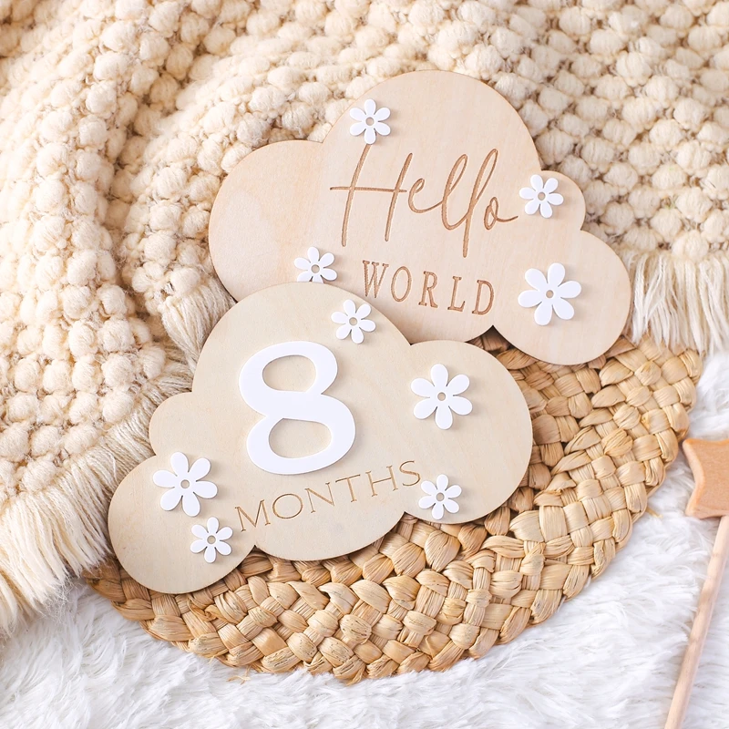 Wooden Baby Month Photography Prop Cloud Shape Record Card Newborn Birthday Gift Milestone Card Souvenir Baby Photo Accessories