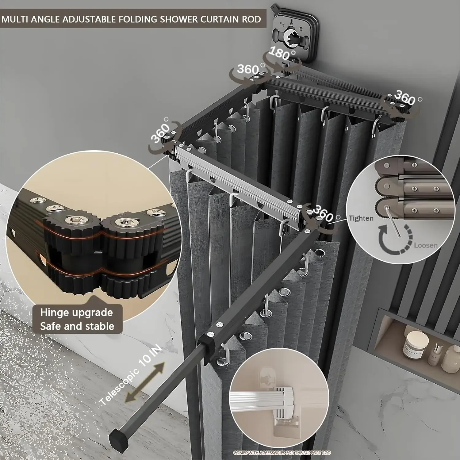 Adjustable Curved Shower Rods for Bathroom, Corner Curtain Rod No Drill, Space Saver, Suitable for RV, Clothing Store Fitting