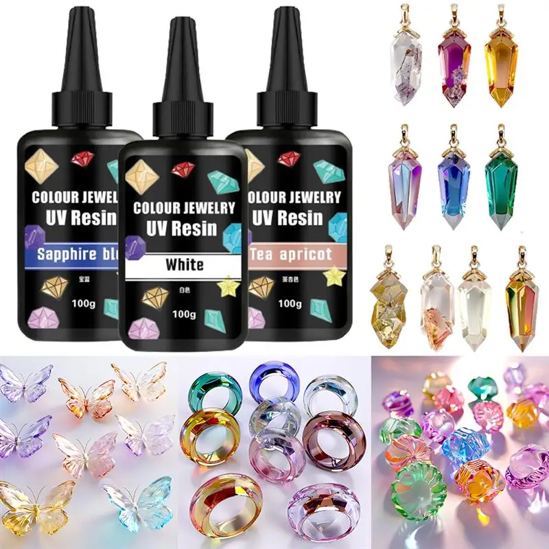 Color UV Resin Crystal Clear 100g/Bottle Epoxy Resin Hard Colored Gemstone UV Adhesive Glue For Jewelry Resin Molding & Casting