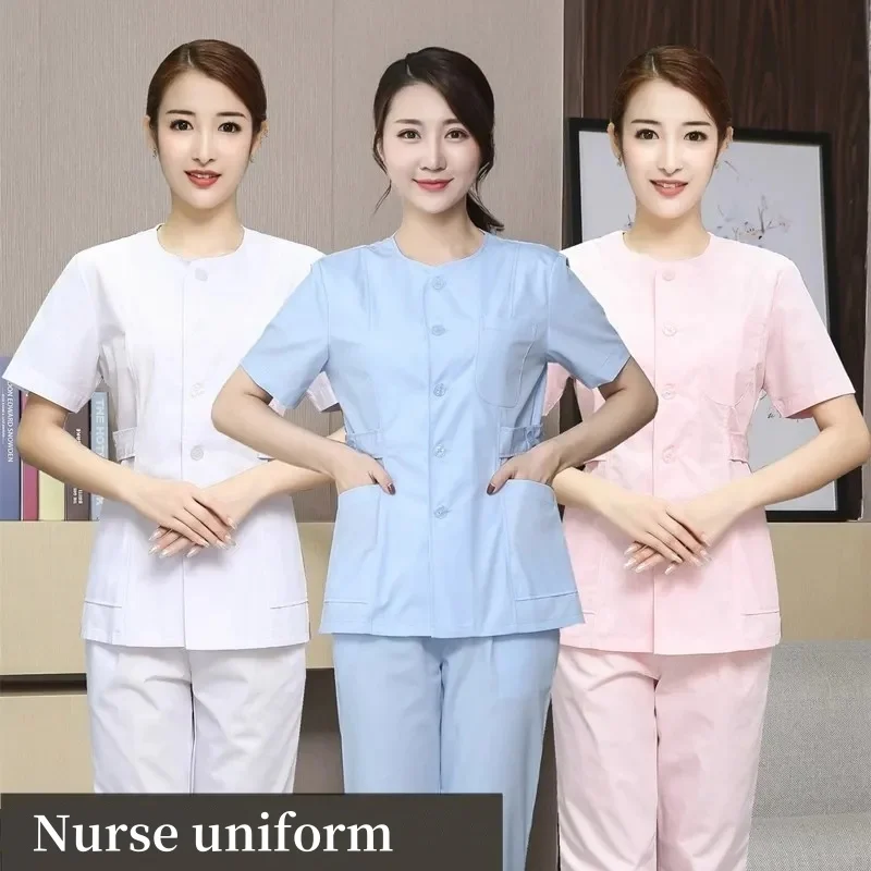 Collarless nurse uniform short sleeved women oral dental work uniform medical Nursing scrub sets Hospital Beauty Salon workwear